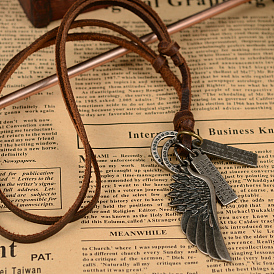 Adjustable Leather Cord Alloy Wing Pendant Necklaces For Men, 8 inch~16 inch