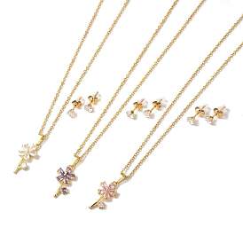 Cubic Zirconia Flower of Life Pendant Necklace & Diamond Stud Earrings, Golden 304 Stainless Steel Jewelry Set for Women
