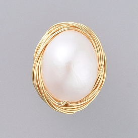 Natural Baroque Pearl Keshi Pearl, Cultured Freshwater Pearl Cabochons, with Real 18K Gold Plated Copper Wire, Oval