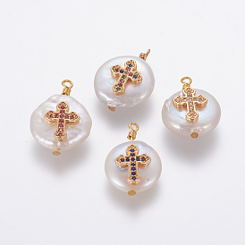 Natural Cultured Freshwater Pearl Pendants, with Brass Micro Pave Cubic Zirconia Findings, Nuggets with Cross, Golden