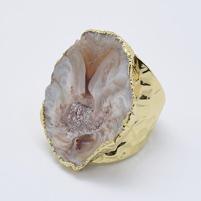 Регулируемые натуральные наручные кольца из агатового манжета, широкая полоса кольца, с фурнитурой латунной золотого тона, Размер 7