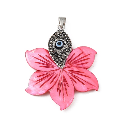 Natural White Shell Dyed Big Pendants, Flower Charms with Iron Polymer Clay Rhinestone Findings