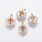 Pendentifs de perles d'eau douce de culture naturelle, avec accessoires zircon cubique micro pave en laiton, pépites avec croix, or