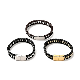Bracelet cordon gourmette en cuir tressé avec 304 fermoirs magnétiques en acier inoxydable pour hommes femmes
