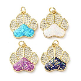 Brass Micro Pave Clear Cubic Zirconia Pendants, with Synthetic Opal, with Jump Ring, Real 18K Gold Plated, Claw Print