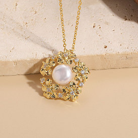 Minimalist Chic Copper 14K Gold-Plated Necklace with Flower Zircon and Freshwater Pearl Pendant for Women