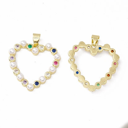 Rack Plating Brass Micro Pave Colorful Cubic Zirconia Pendants, with Acrylic Bead, Long-Lasting Plated, Cadmium Free & Lead Free, Heart