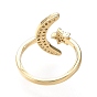 Brass Micro Pave Clear Cubic Zirconia Cuff Rings, Open Rings, Long-Lasting Plated, Star with Moon