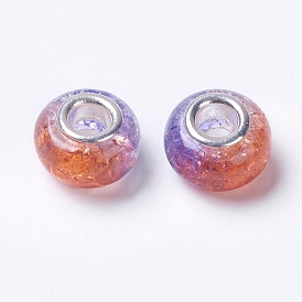 Two Tone Resin European Beads, with Silver Color Plated Brass Single Core, Rondelle