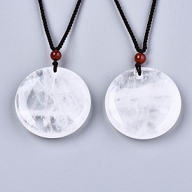 Colliers de pendentif en cristal de quartz naturel, colliers coulissants, avec des cordons en polyester de couleur aléatoire, plat rond