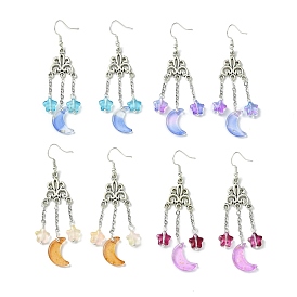 4 Pairs 4 Colors Glass Moon with Star Long Drop Earrings, Brass Chandelier Earrings for Women