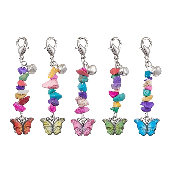 Décoration pendentif papillon en alliage émaillé, puces turquoise synthétiques et fermoirs à pinces de homard en alliage