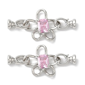 Rack Plating Brass Pave Pink Glass Fold Over Clasps, Cadmium Free & Lead Free, Long-Lasting Plated, Flower