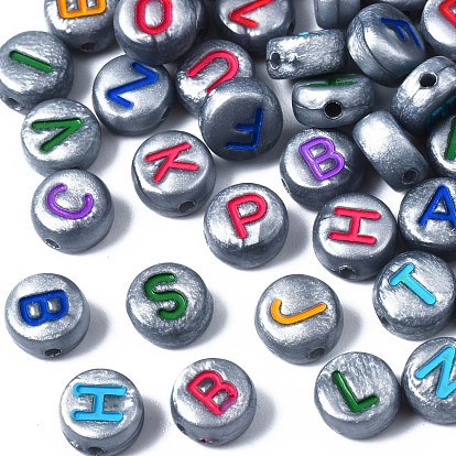 Opaque Gray Acrylic Beads, Horizontal Hole, Flat Round with Mixed Letters