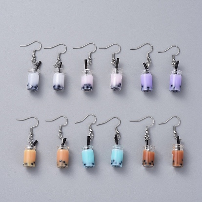 Glass Imitation Bubble Tea Bottle Dangle Earrings, with 304 Stainless Steel Earring Hooks