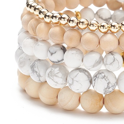 5pcs 5 style bois naturel & howlite ensemble de bracelets de perles rondes, bijoux en pierres précieuses pour hommes femmes