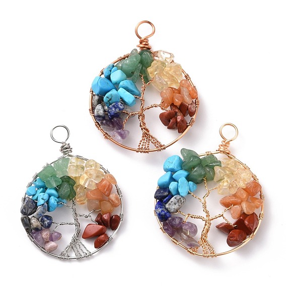 Natural & Synthetic Gmestone Copper Wire Big Pendants, Natural Amethyst & Green Aventurine & Citrine & Lapis Lazuli & Red Jasper & Red Aventurine, Synthetic Howlite, Mixed Dyed and Undyed, Tree