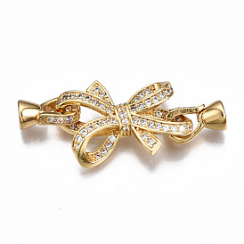 Brass Micro Pave Clear Cubic Zirconia Fold Over Clasps, Nickel Free, Bowknot