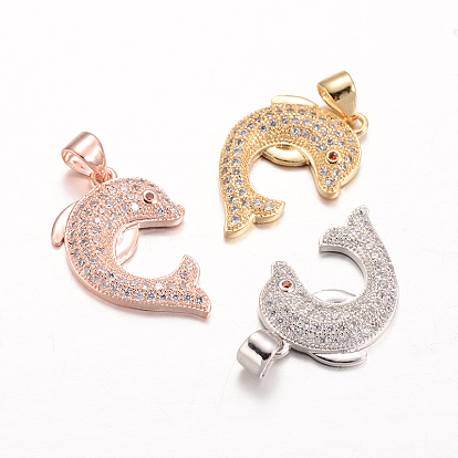 Dolphin Brass Micro Pave Cubic Zirconia Pendants, Lead Free & Nickel Free, 21x15x3mm, Hole: 3x4mm