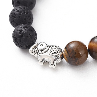 Tibetan Style Alloy Elephant Adjustable Braided Bead Bracelets, with Natural Lava Rock & Tiger Eye Beads