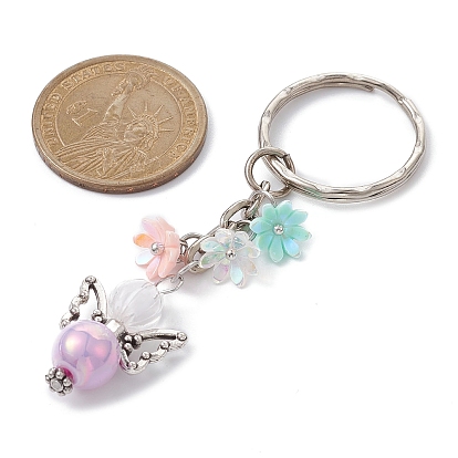 Angel Acrylic Beaded Keychain with Flower Opaque Resin Charms, with Iron Split Key Ring