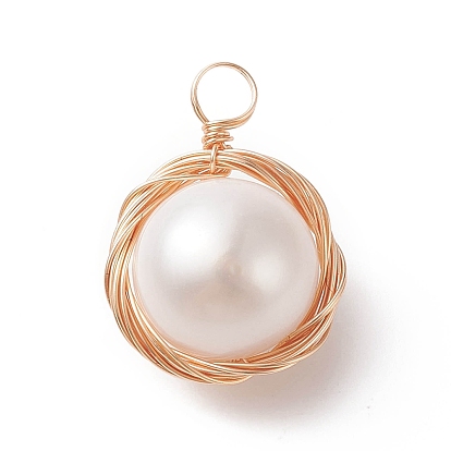 Natural Cultured Freshwater Pearl Pendants, Potato Charms, with Light Gold Tone Copper Wire Wrapped
