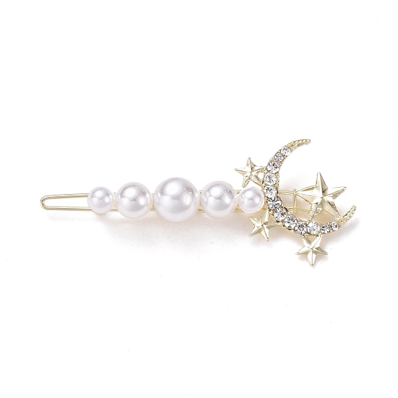 Alloy Crystal Rhinestone Hair Barrettes, with Plastic Beads, Moon with Star