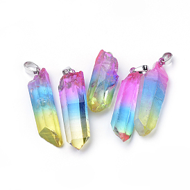 Natural Crystal Pendants, with Brass Findings, Dyed, Mixed Shapes, Platinum