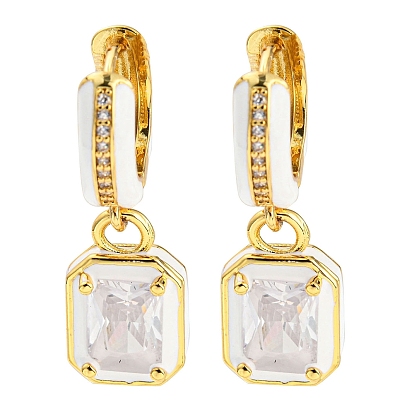 Rack Plating Real 18K Gold Plated Brass Enamel Rectangle Dangle Hoop Earrings, with Cubic Zirconia, Lead Free & Cadmium Free