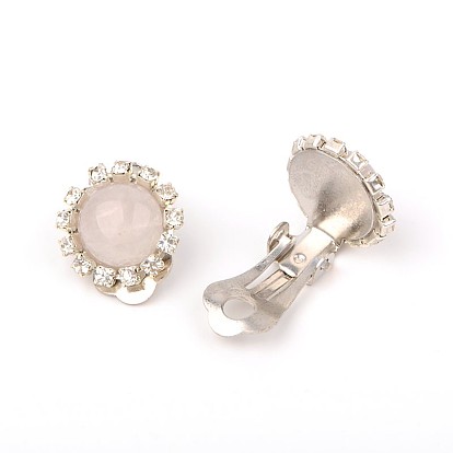 Trendy Brass Gemstone Clip-on Earrings, with Brass Rhinestone and Brass Clip-on Earring Components, Platinum, 19x14mm