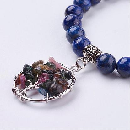Gemstone Stretch Bracelets, with Tibetan Style Pendants, Tree of Life