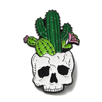 Black Alloy Brooch, Enamel Pins, Skull with Cactus