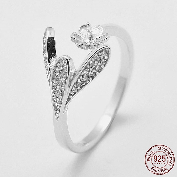 Ajustable 925 anillos de pun ¢ o de plata esterlina, componentes de anillos abiertos, por medio perforó perlas, con circonita, flores y hojas, tamaño de 6