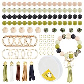 DIY Perlen Schlüsselanhänger Armband Herstellungsset, einschließlich runder und unfertiger Holzperlen aus Silikon, Wildlederquasten aus Messing, geteilte Schlüsselringe aus Legierung und Federtorringe, elastischen Faden