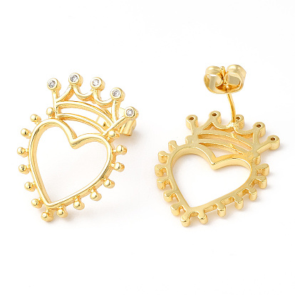 Clear Cubic Zirconia Hollow Heart with Crown Stud Earrings, Rack Plating Brass Jewelry, Lead Free & Cadmium Free