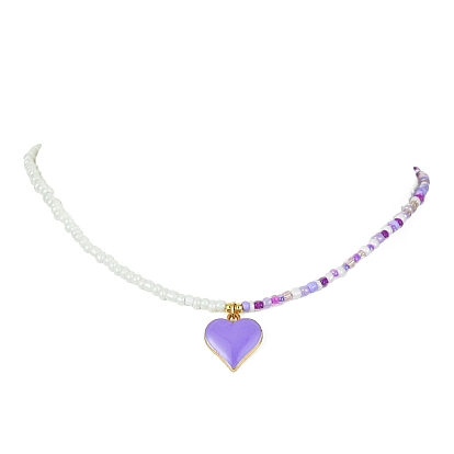 3pcs 3 colliers à pendentif en alliage d'émail de style sertis de chaînes de perles de graines de verre, papillon et coeur et fleur rose
