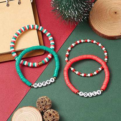 4Pcs 4 Style Polymer Clay Heishi Surfer Stretch Bracelets Set, Acrylic Word Preppy Bracelets for Christmas