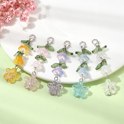 Transparent Acrylic & Glass Flower Pendant Decoration, with Zinc Alloy Lobster Claw Clasps