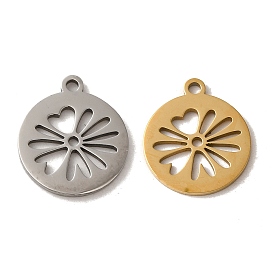 201 Stainless Steel Pendants, Laser Cut, Flat Round with Flower Charm