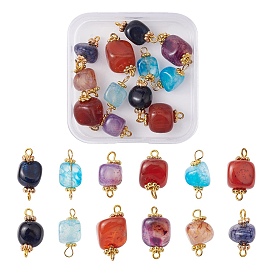 12Pcs 4 Colors Natural Agate Dyed Beads Connector Charms, Nuggets Charms with Golden Plated Alloy Spacer Flower Beads and Brass Loops