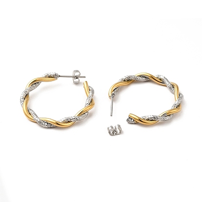 Two Tone 304 Stainless Steel Twist Rope Stud Earrings, Half Hoop Earrings for Women