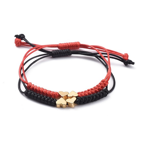 Unisex Adjustable Korean Waxed Polyester Cord Braided Bead Bracelets Sets, with Brass Beads, Heart