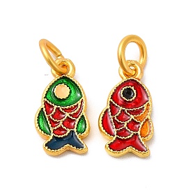 Rack Plating Alloy Enamel Pendants with Jump Ring, Fish Charms, Matte Gold Color