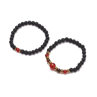 2 pcs 2 style pierre de lave synthétique et cornaline d'agate rouge naturelle (teinte et chauffée) et ensemble de bracelets extensibles en perles d'oeil de tigre, bijoux de pierres précieuses d'huile essentielle pour les femmes