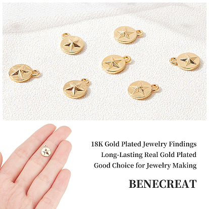 BENECREAT 10Pcs Brass Pentacle Charms, Cadmium Free & Nickel Free & Lead Free, Flat Round and Star