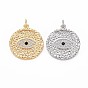 Brass Micro Pave Clear & Blace Cubic Zirconia Pendants, Nickel Free, Flat Round with Evil Eye