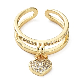 Cubic Zirconia Heart Charms Open Cuff Rings, Rack Plating Brass Rings, Cadmium Free & Lead Free