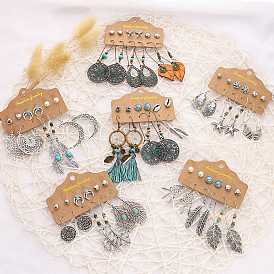 Ensemble de boucles d'oreilles bohèmes avec pompon, plumes, feuilles, bijoux ethniques vintage, longues pendantes