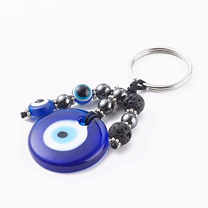 Flat Round Evil Eye Lampwork Keychain, with Gemstone Beads, Resin Beads and 316 Surgical Stainless Steel Split Key Rings, Hamsa Hand, Blue
