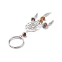 Alloy Keychain, with Grade A Natural Cultured Freshwater Pearl Beads, Natural Gemstone Beads and 304 Stainless Steel Split Key Rings, Woven Net/Web with Feather
